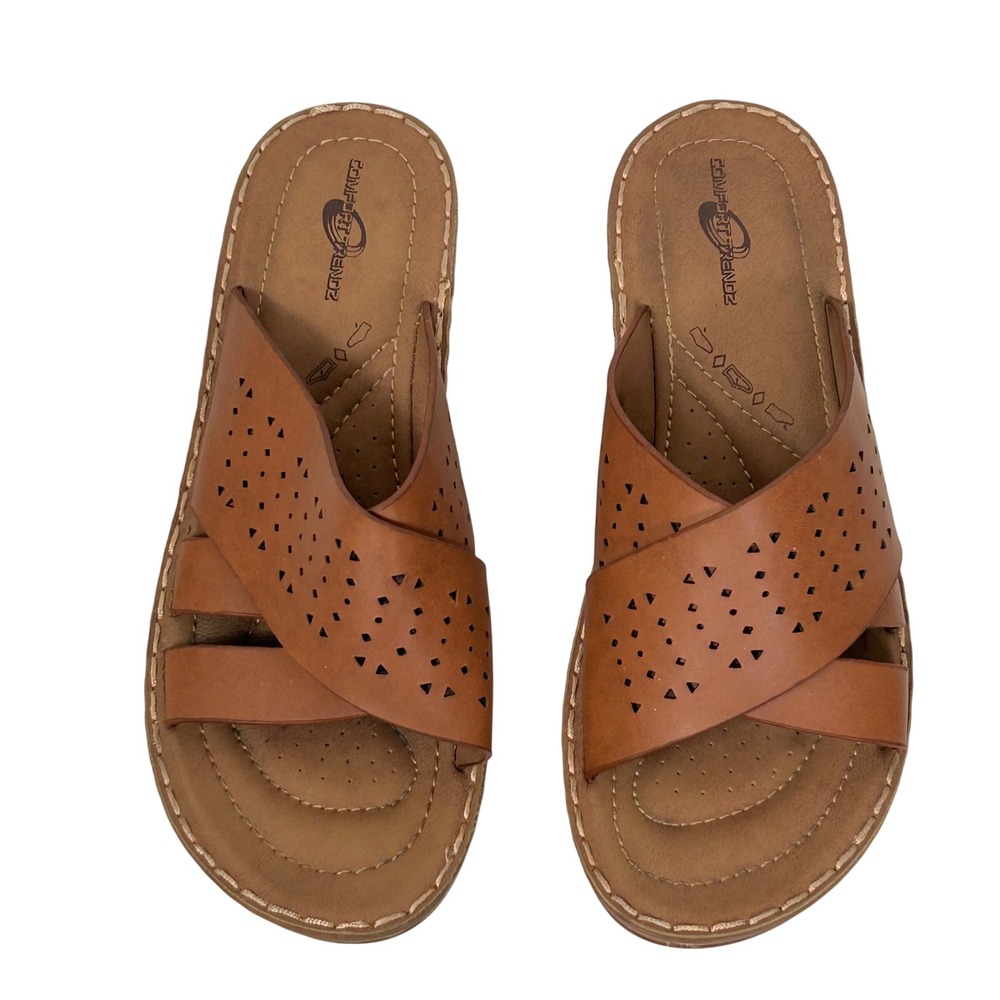 Comfort Trendz Sandals Womens 10 Brown Wedge Slide Laser Cut Perforated Casual - Picture 3 of 10